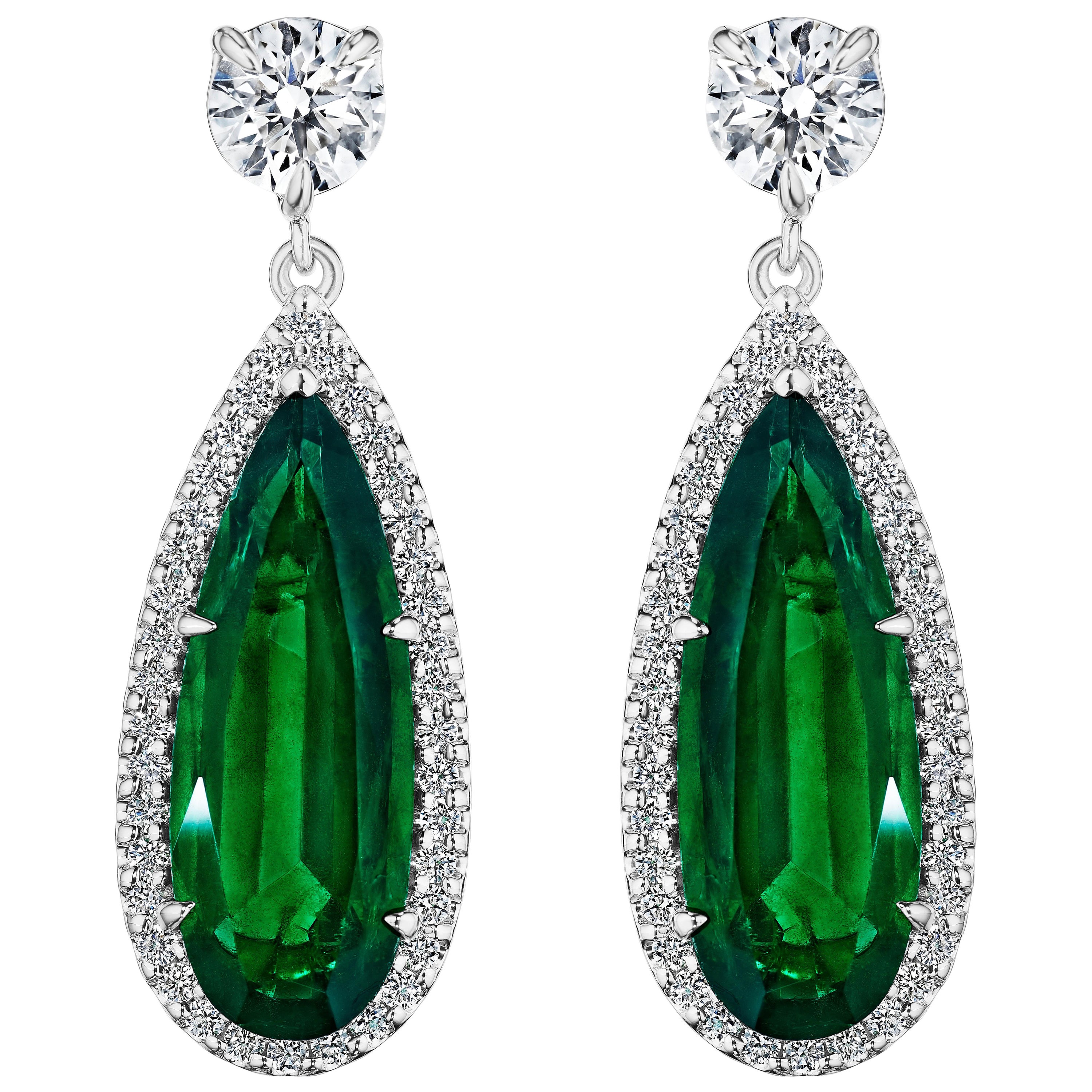 12.87ct Pear Shape Emerald & Round Diamond Earrings in 18KT White Gold For Sale