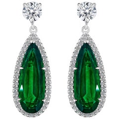 12.87ct Pear Shape Emerald & Round Diamond Earrings in 18KT White Gold
