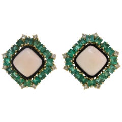  White Diamonds, Emeralds, Square Shape Pink Coral, Onyx , Gold Clip-on Earrings