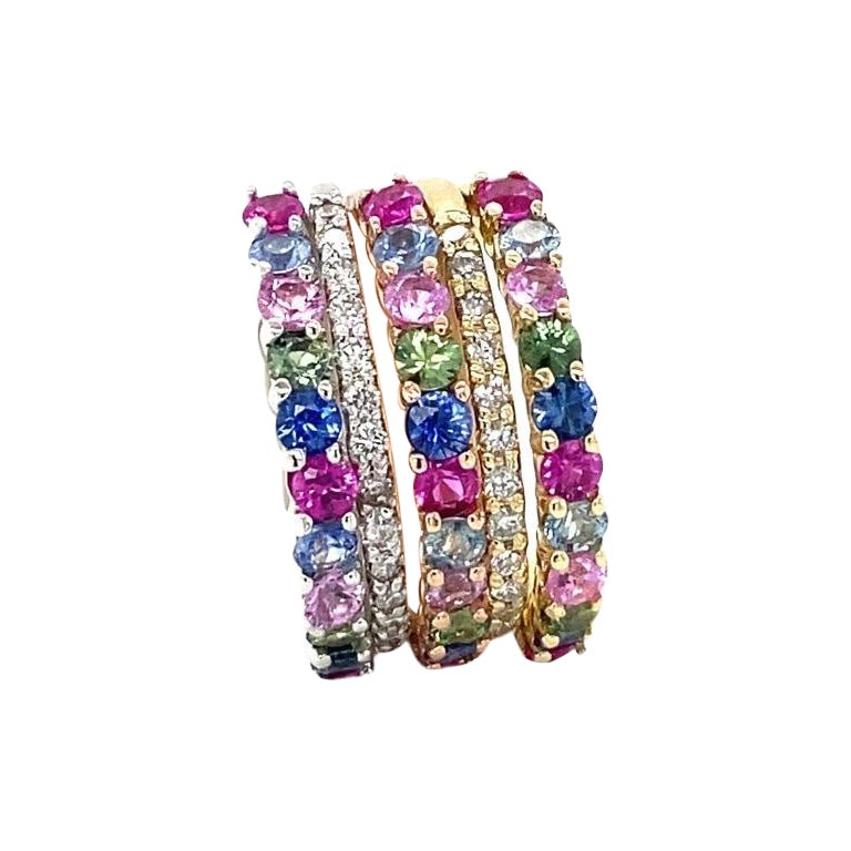 3.48 Carat Multi Color Sapphire Diamond Gold Stackable Bands