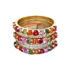 3.42Carat Multi Color Sapphire Diamond Gold Stackable Bands