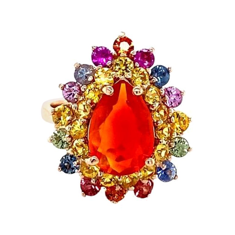 3.96 Carat Natural Fire Opal Sapphire Rose Gold Cocktail Ring For Sale