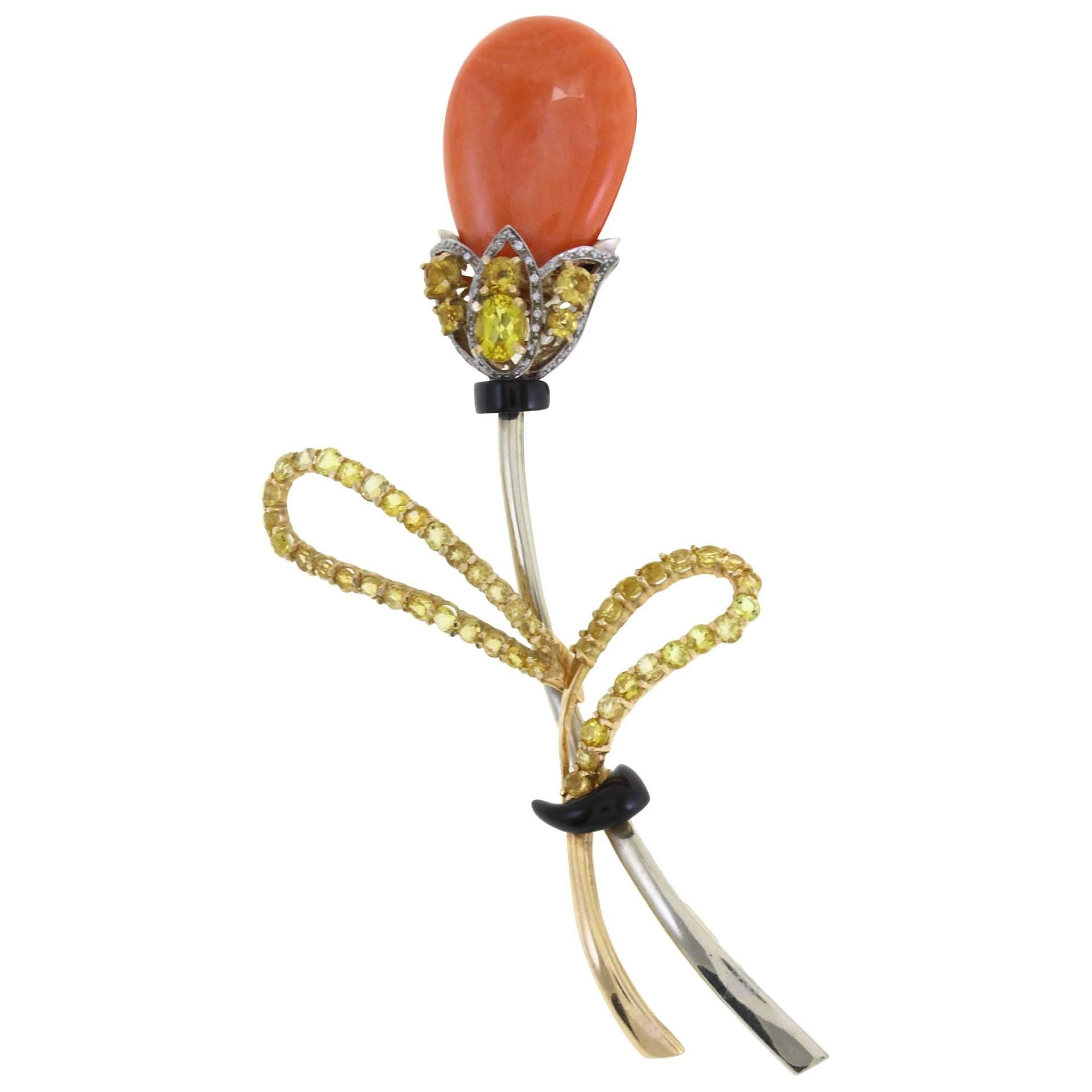 Diamonds, Sapphires, Topazes, Onyx, Orange/Red Coral, White/Rose Gold Tulip Brooch