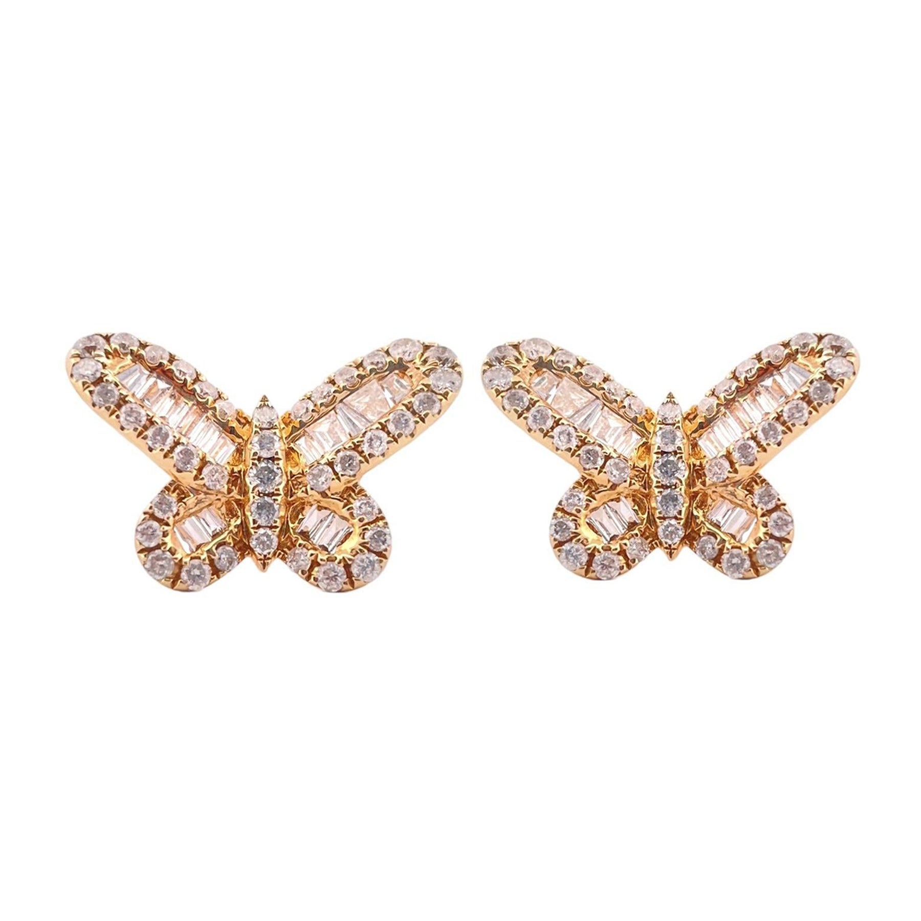 Gorgeous 14K Yellow Gold Diamond Butterfly Earrings For Sale