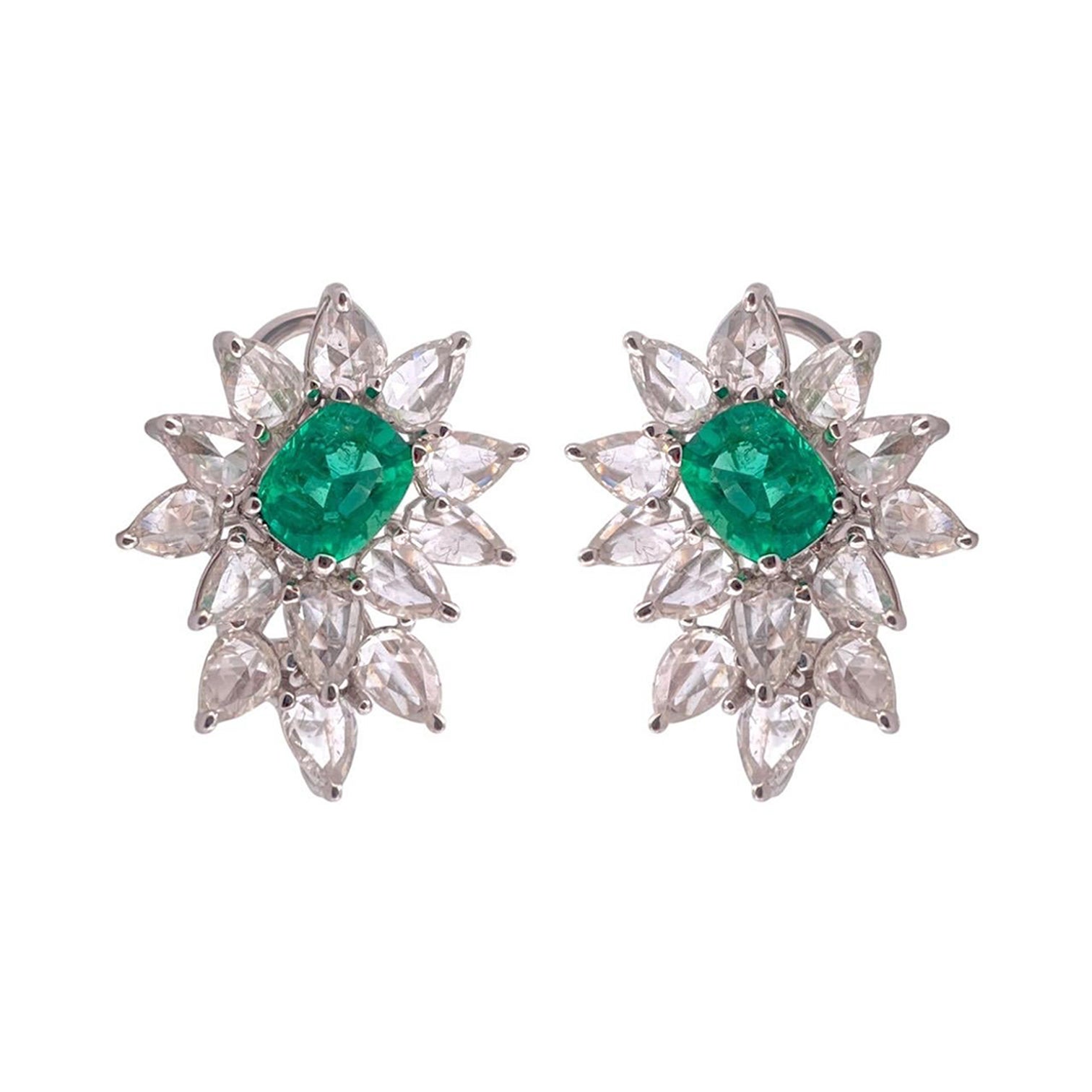 Emerald Flower Earrings - 1.73 TCW Emerald, 18K White Gold