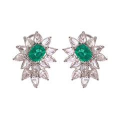 Emerald Flower Earrings - 1.73 TCW Emerald, 18K White Gold