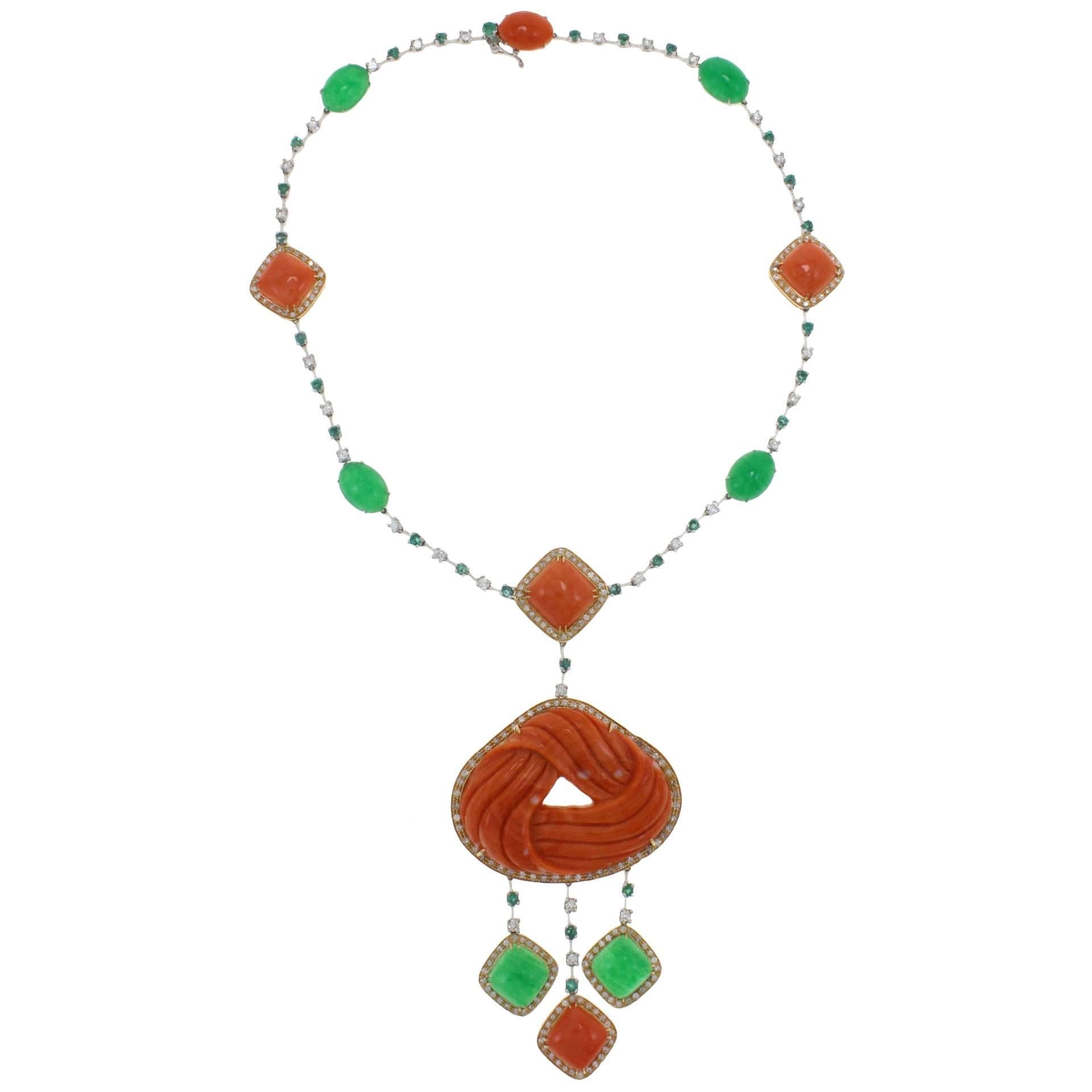 Diamond Emerald Coral Gold Necklace