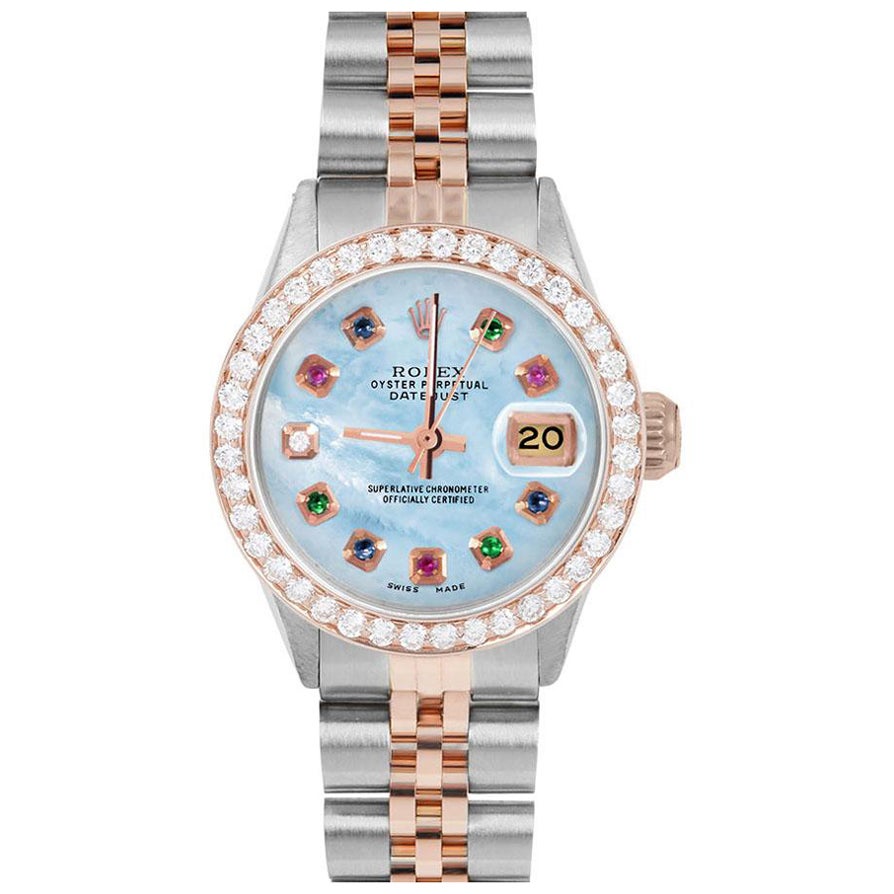 Rolex Ladies Rose Gold Datejust Blue MOP Rainbow Dial Diamond Bezel Watch