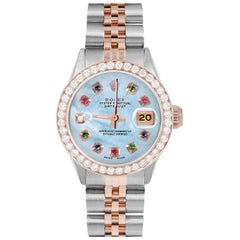 Vintage Rolex Ladies Rose Gold Datejust Blue MOP Rainbow Dial Diamond Bezel Watch