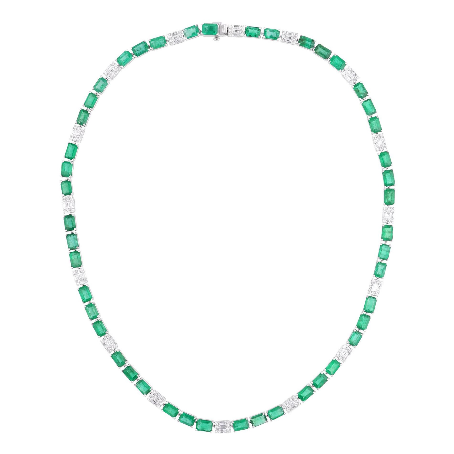Baguette Zambian Emerald Gemstone Necklace Diamond 18 Karat White Gold Jewelry For Sale