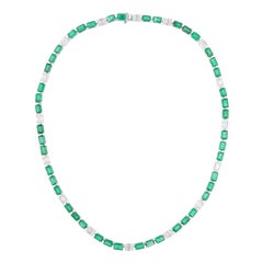 Baguette Zambian Emerald Gemstone Necklace Diamond 18 Karat White Gold Jewelry