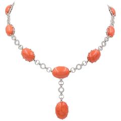Coral Diamond Gold Link Necklace
