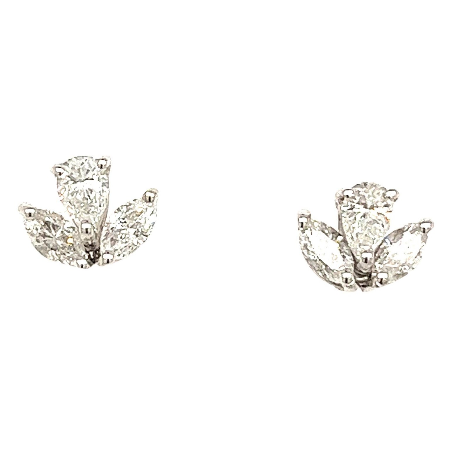 Clous d'oreilles en or blanc 18 carats sertis de diamants taille marquise et poire de 0,80 carat