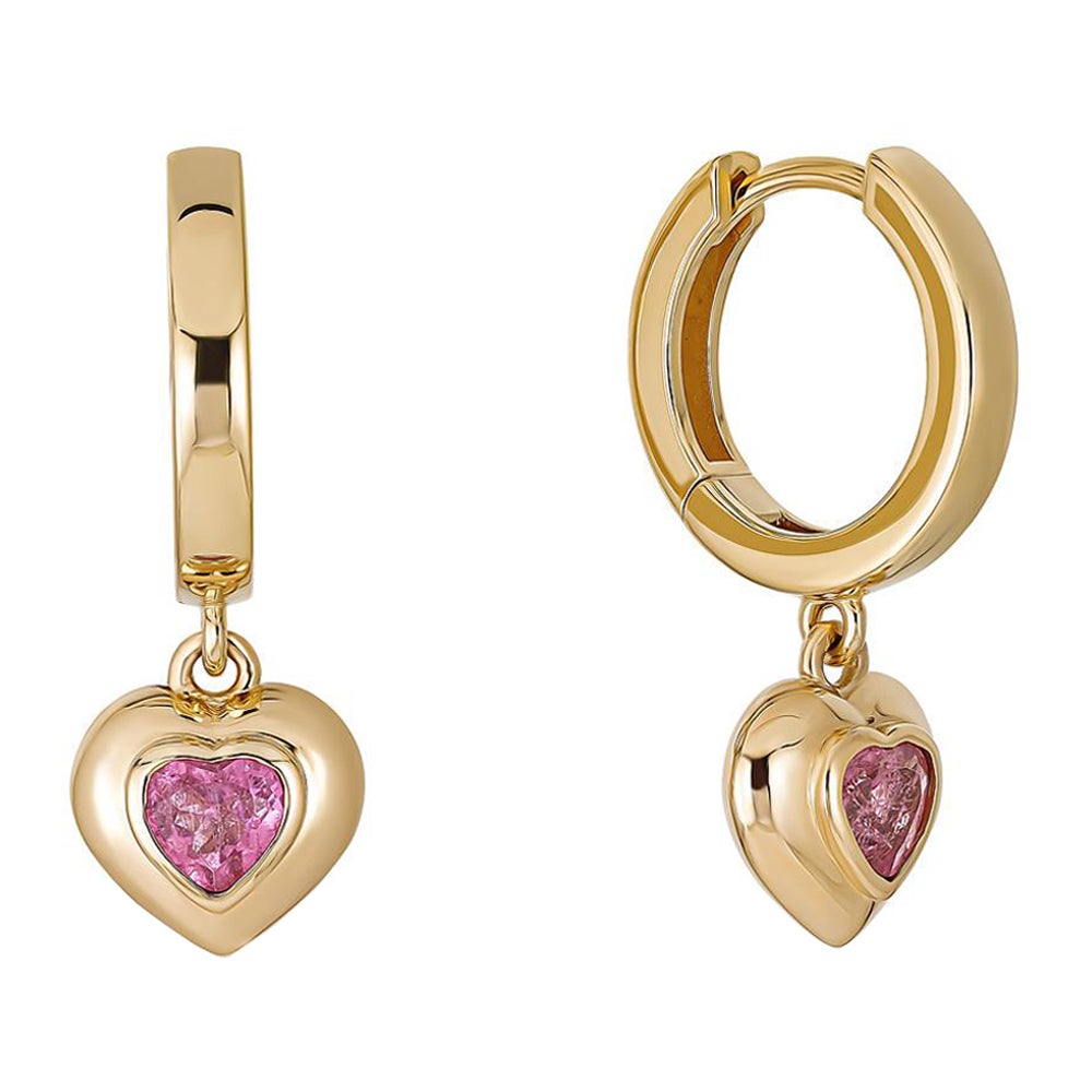 14k Yellow Gold Pink Tourmaline Heart Drop Hoop Earrings For Sale