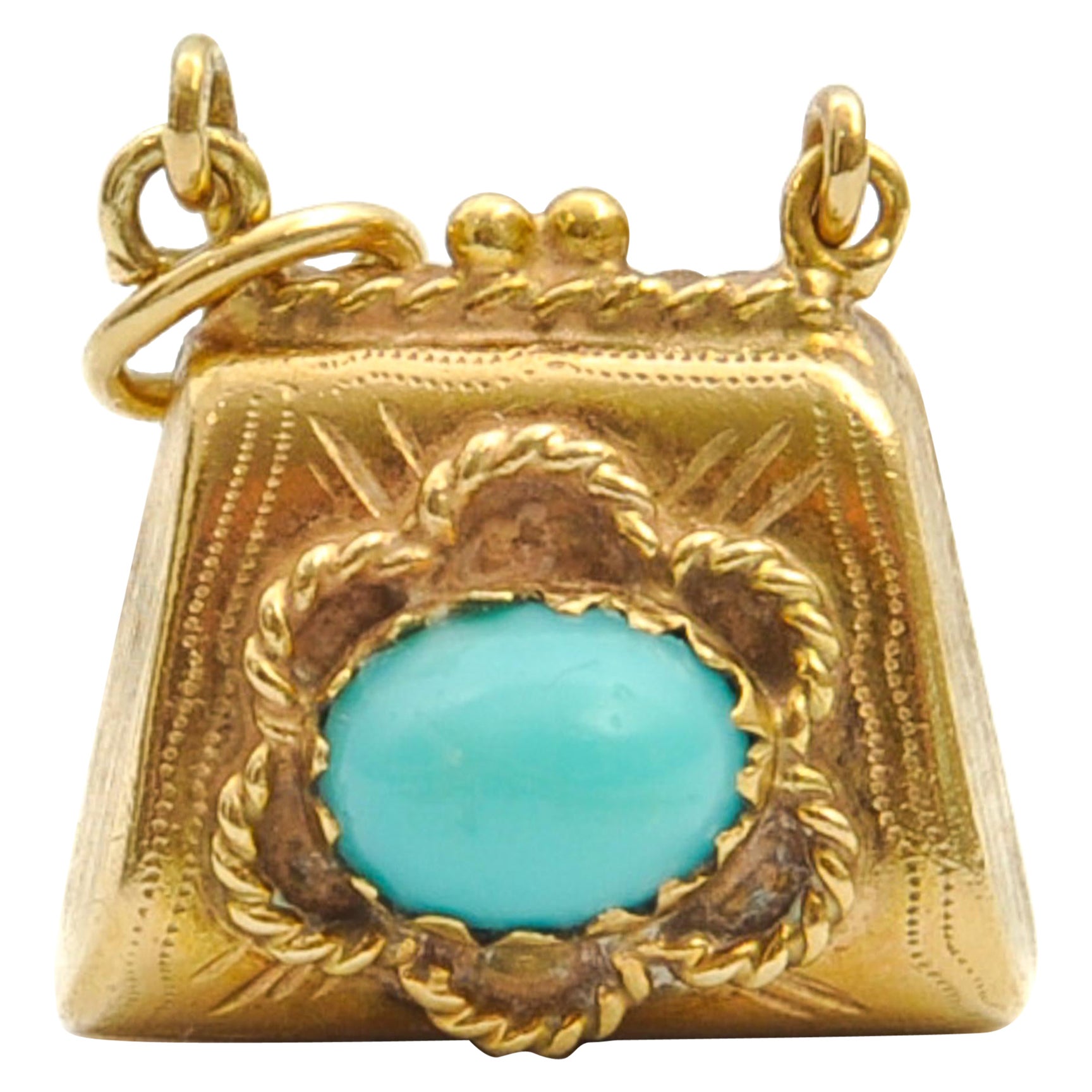 Vintage 14K Gold and Turquoise Purse Charm Pendant For Sale