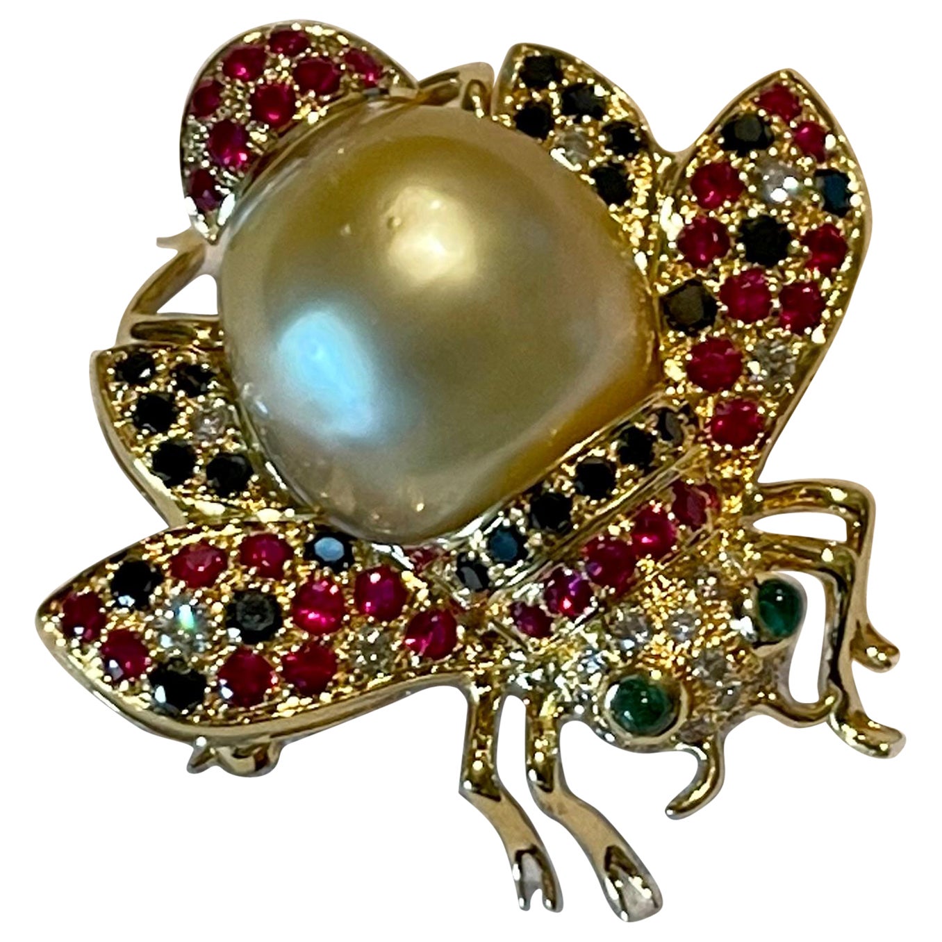 18 K yellow Gold bee brooch golden South Sea Pearl Diamond Emerald Ruby For Sale