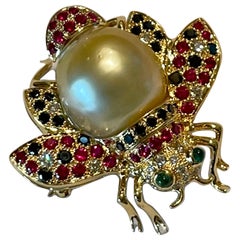 Antique 18 K yellow Gold bee brooch golden South Sea Pearl Diamond Emerald Ruby