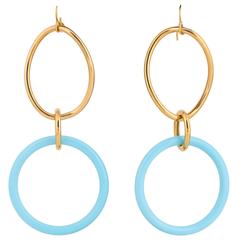 1980
s Faraone Mennella Gold Large Turquoise Double Loop Hanging Earrings