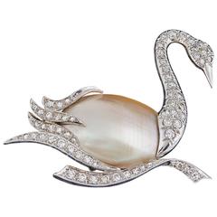 1940's Fantasy, Platinum & Diamond Figural Swan Brooch With Pearl Body