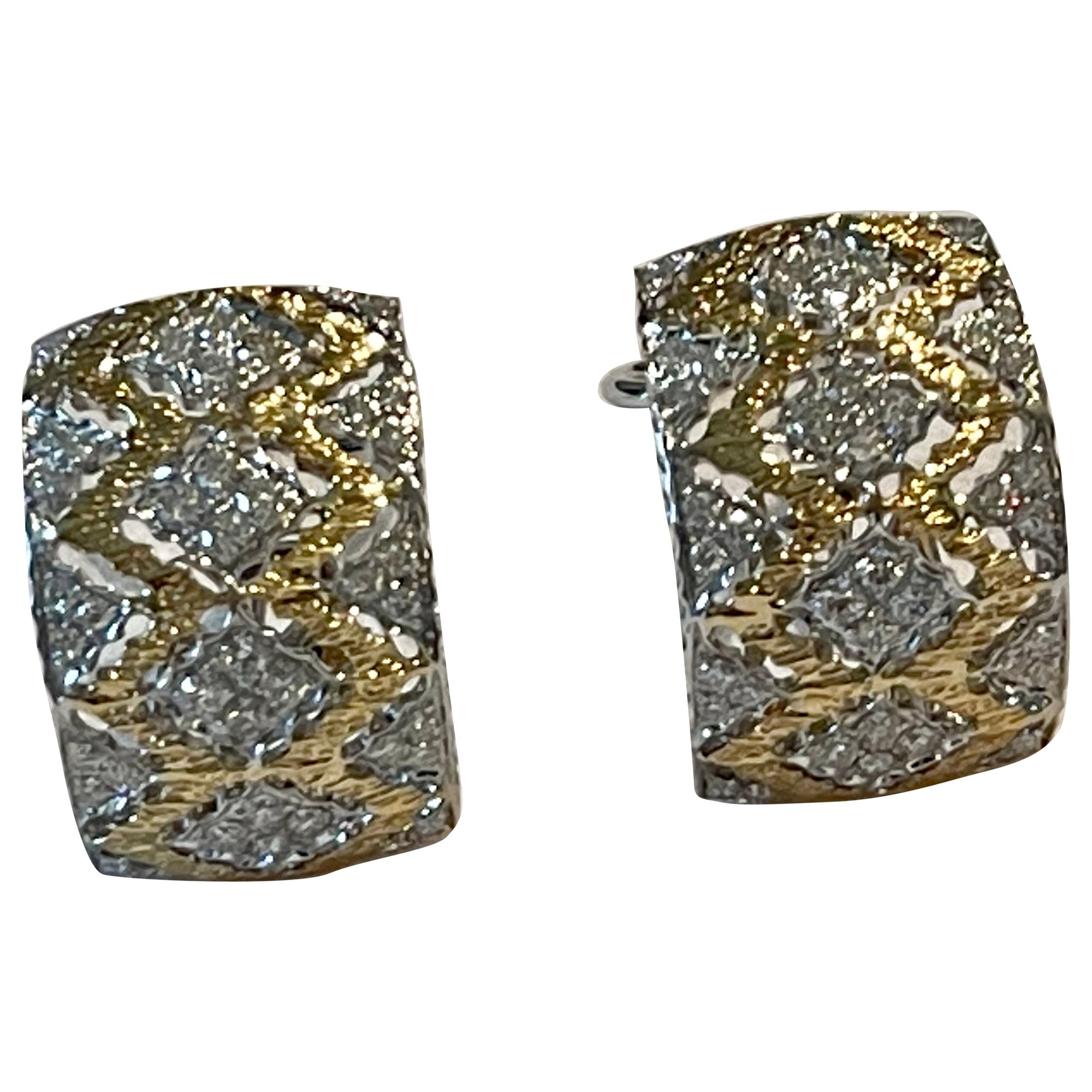 Exquisite openwork filligree 18 K yellow white Gold Huggies earrings Diamonds For Sale