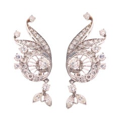 Vintage Peacock Design Earrings - 2.00 TCW, 14K White Gold