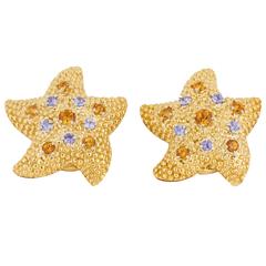1960
s Textured Gold, Sapphire 
Citrines Figural StarFish Earclips With Posts