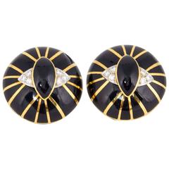 1960's Gold, Black Enamel & Diamond SpiderWeb Design Circular Earclips