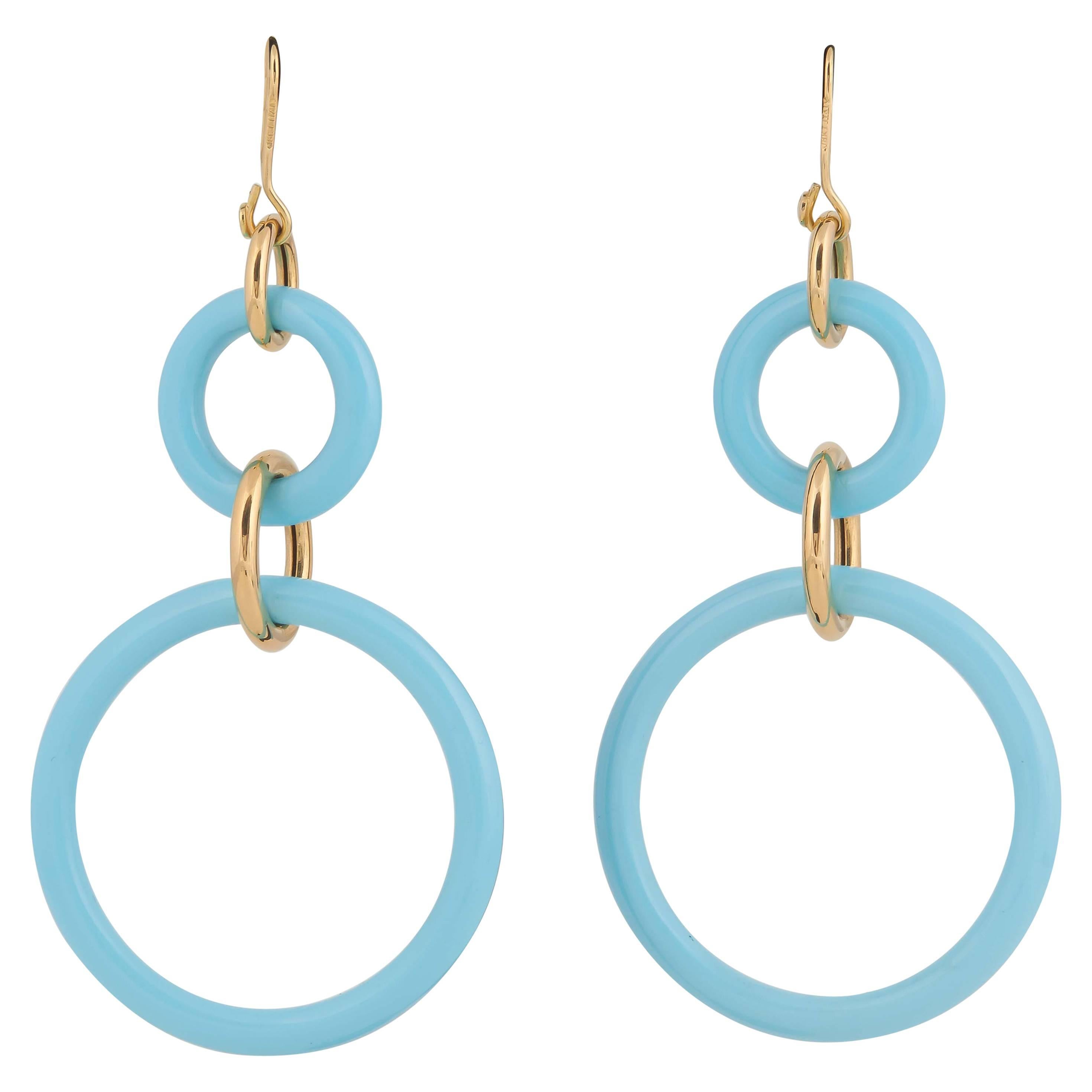 1990's Faraone Mennella Double Turquoise Loop Hanging Flexible Gold Earrings