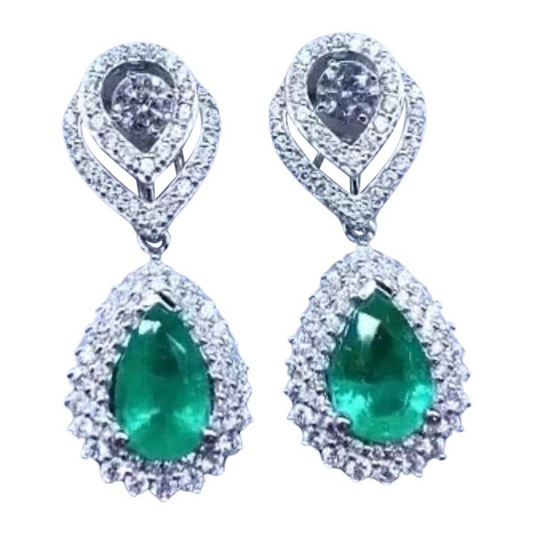 AIG Certified 5.56 Carats Zambian Emeralds 2.59 Ct Diamonds 18K Gold Earrings 