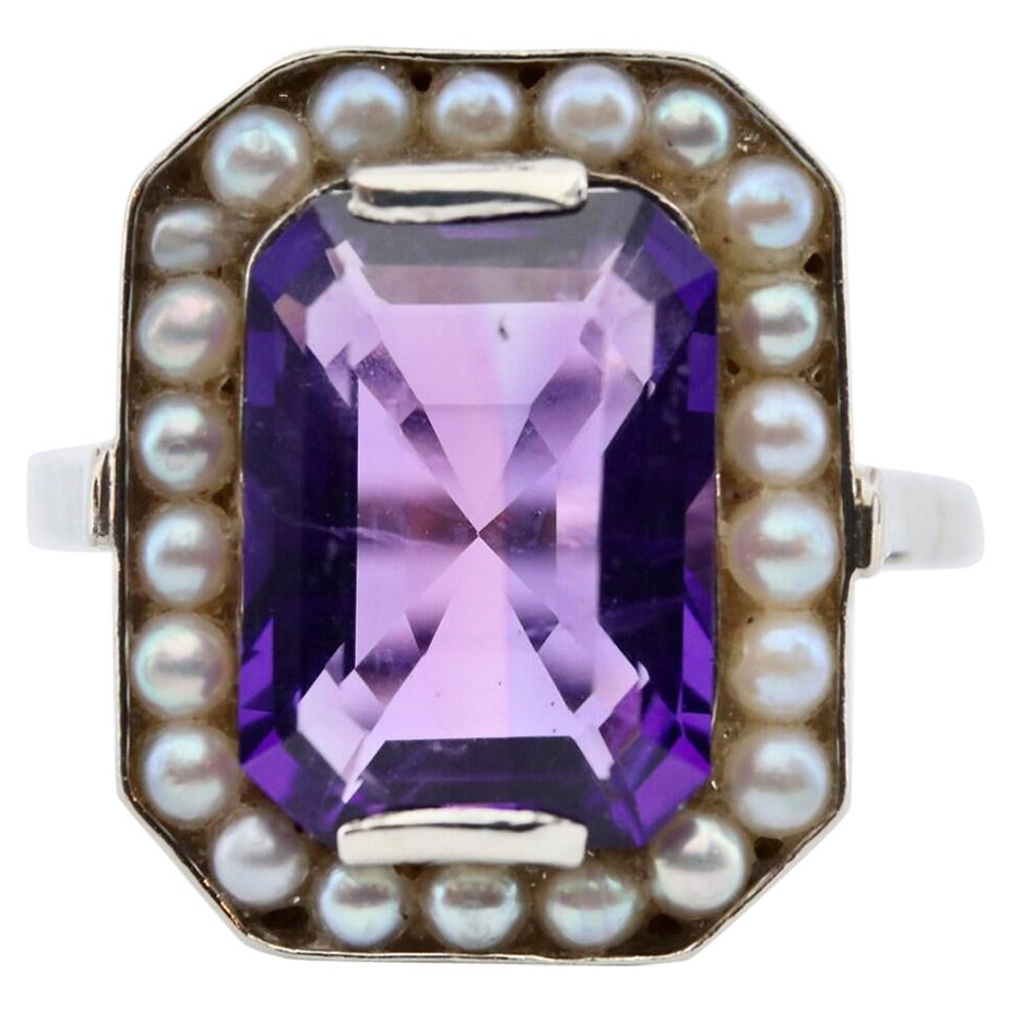 Art Deco Amethyst & Natural Pearl Ring in 18K White Gold For Sale