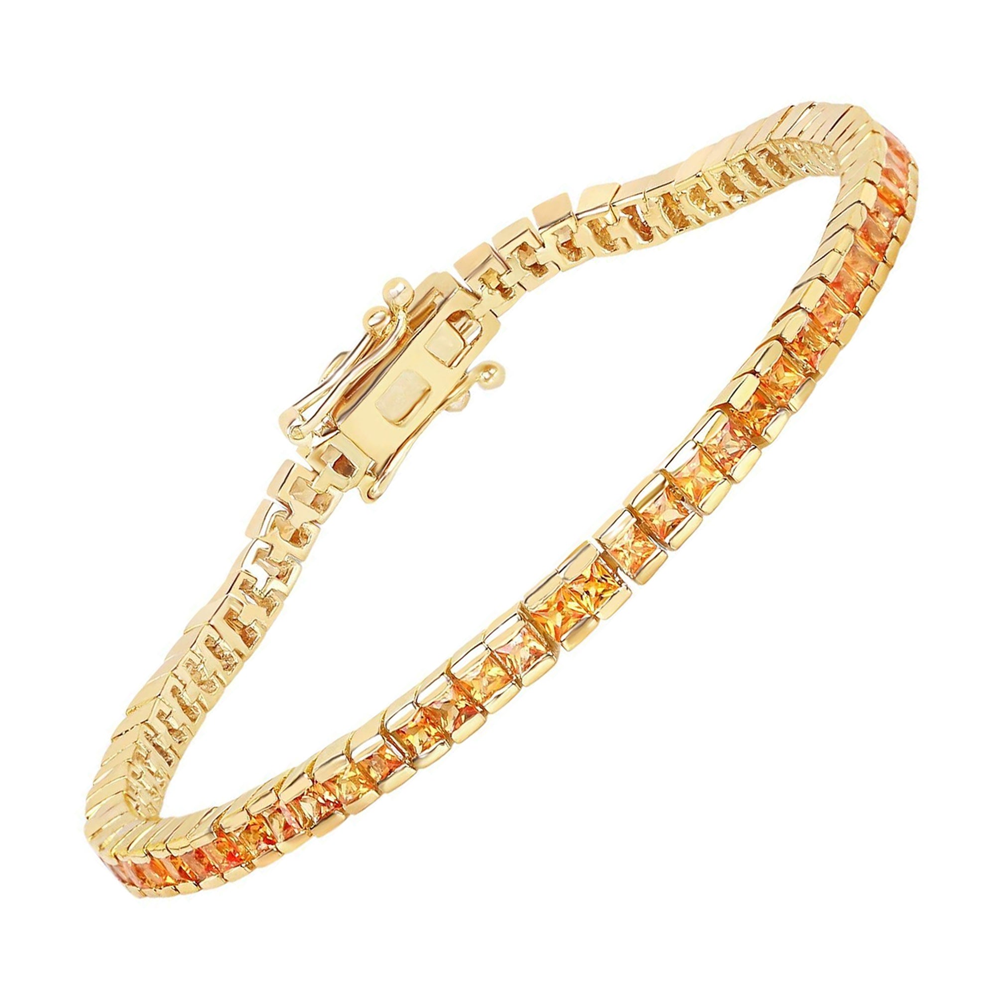 Bracelet tennis en argent plaqué or jaune 14 carats et saphir orange 6,21 carats