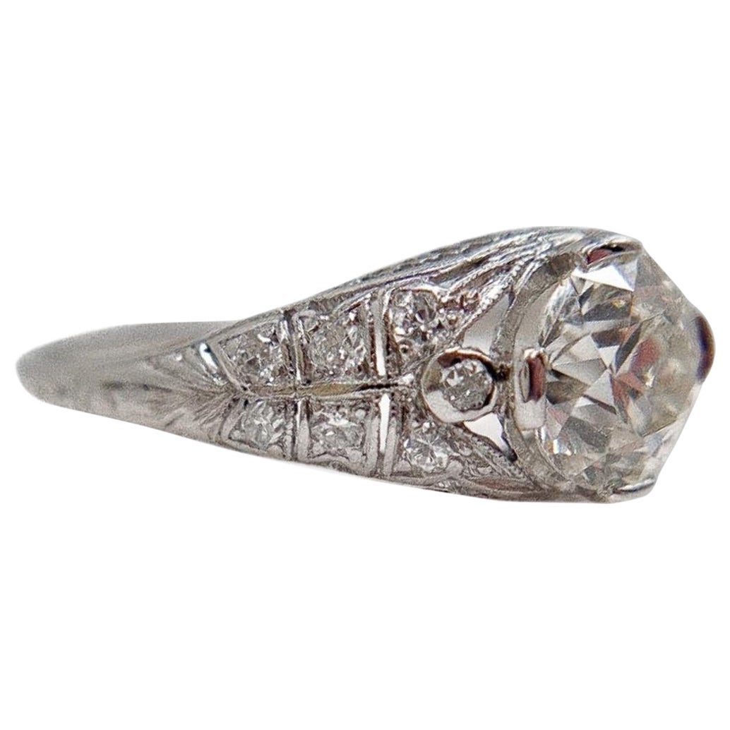 Bague de fiançailles édouardienne ancienne en platine et diamants de 1,3 carat