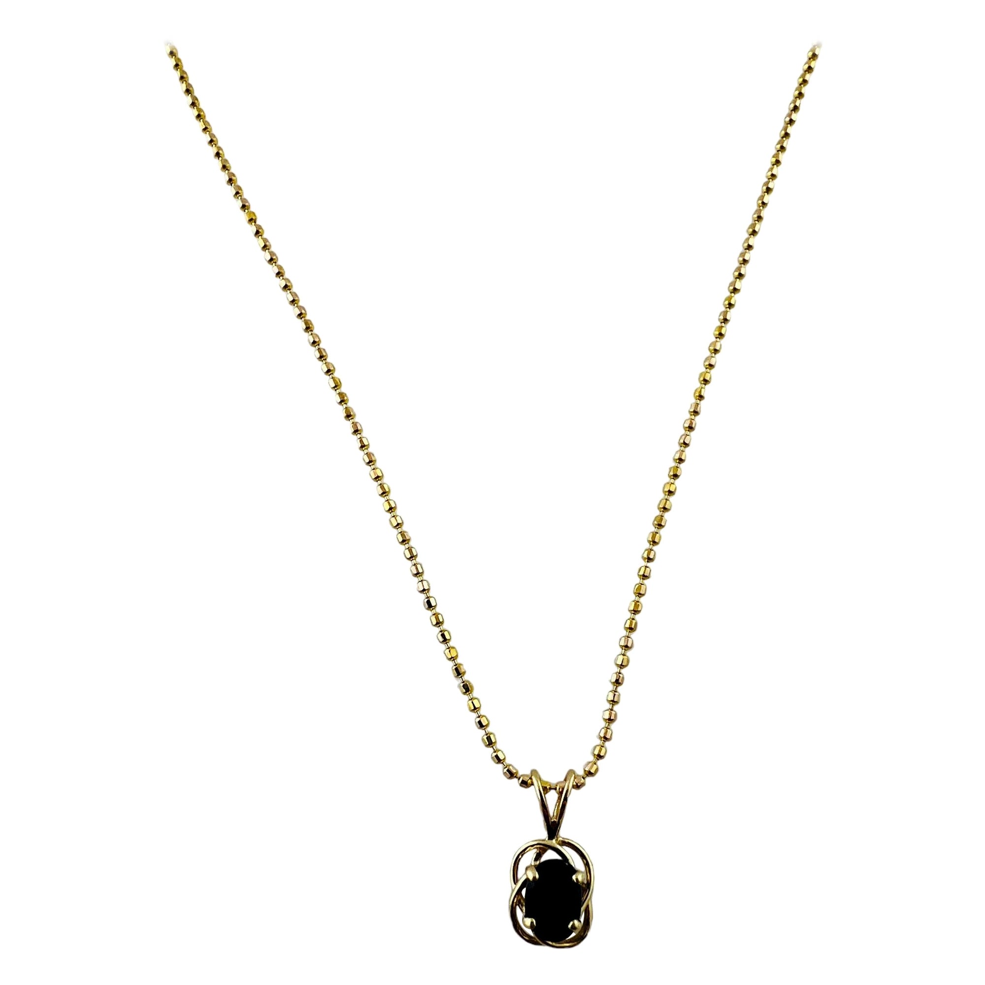 14K Yellow Gold Bead Chain Oval Natural Sapphire Pendant Necklace #15625 For Sale