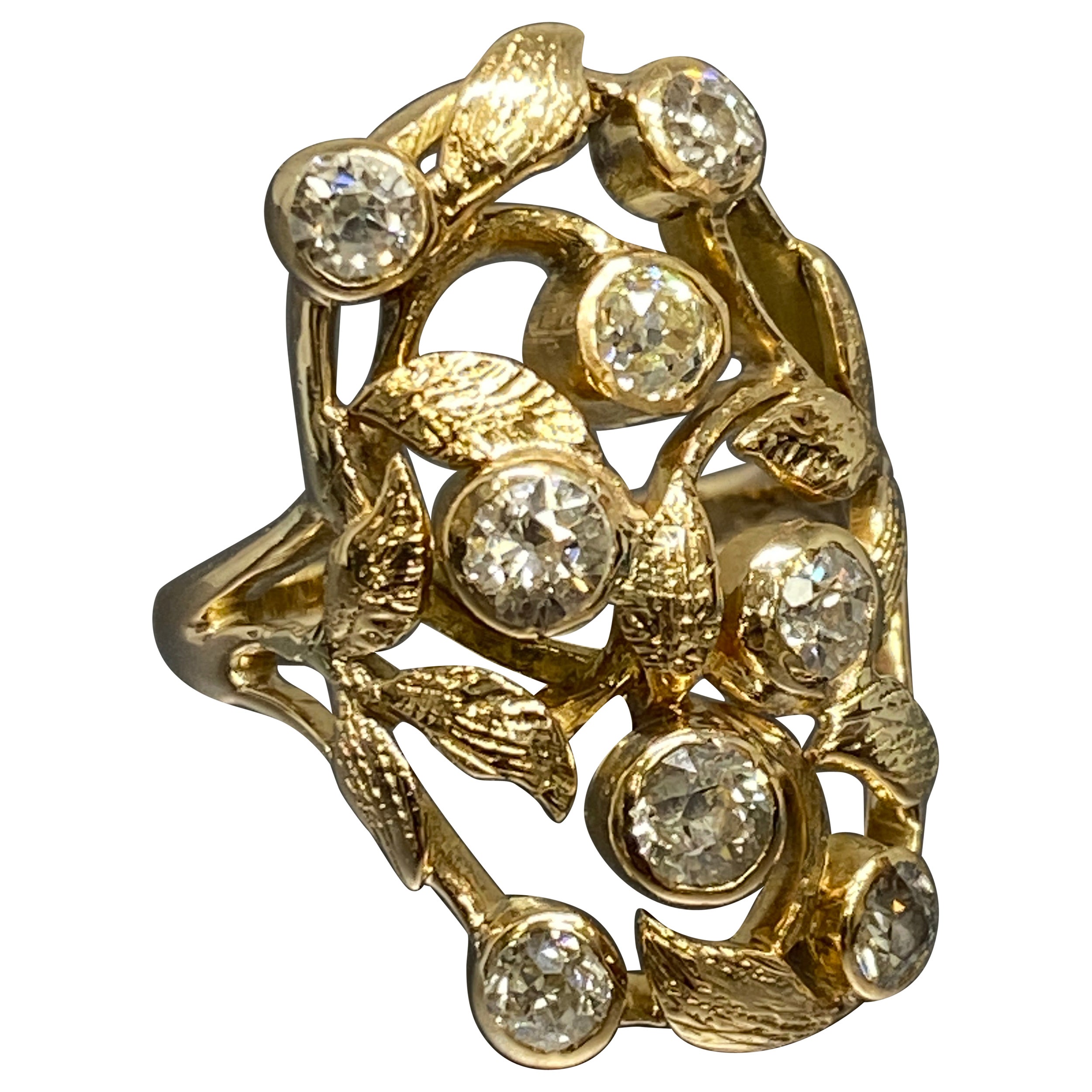 Bague d'antiquités Art Noveau en or jaune 14 carats avec diamant taille vieille Europe