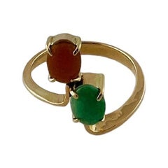 Vintage 14K Yellow Gold Green and Orange Jadeite Ring Size 7 #15616
