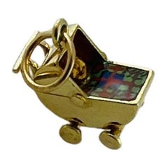 Vintage 14K Yellow Gold Enamel Baby Carriage Charm With Baby #15612