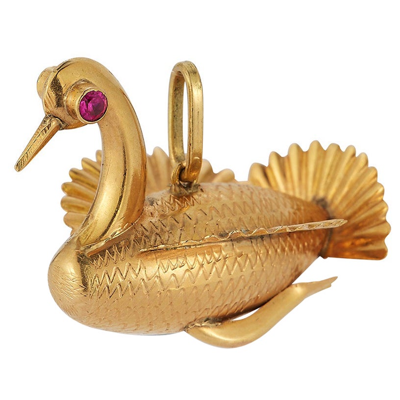 14k Gold and Ruby Eye Highly Detailed Swan Bird Charm