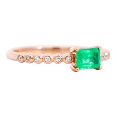 Natural Emerald Stacking Ring in 18K Rose Gold With Thin Ribbed Band