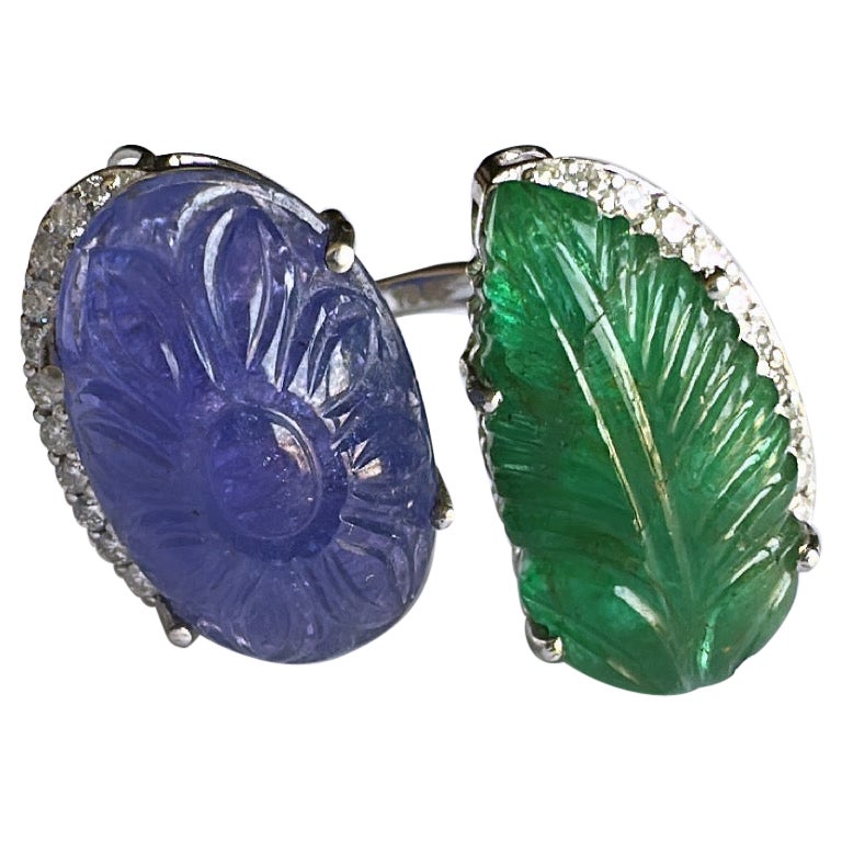 Set in 18K Gold, natural carved Emerald, Tanzanite & Diamonds Cocktail Ring For Sale