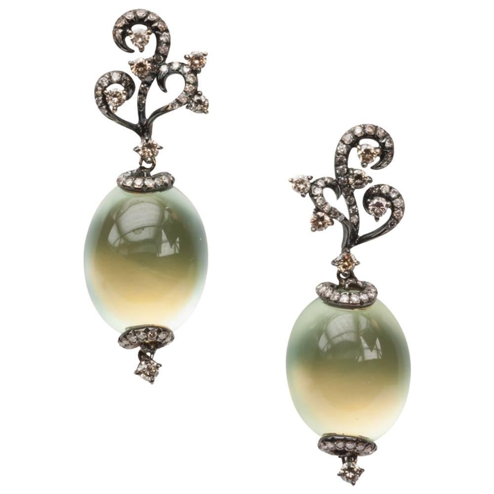 Arunashi Prehnite and Diamond 18 Karat Gold Earrings For Sale