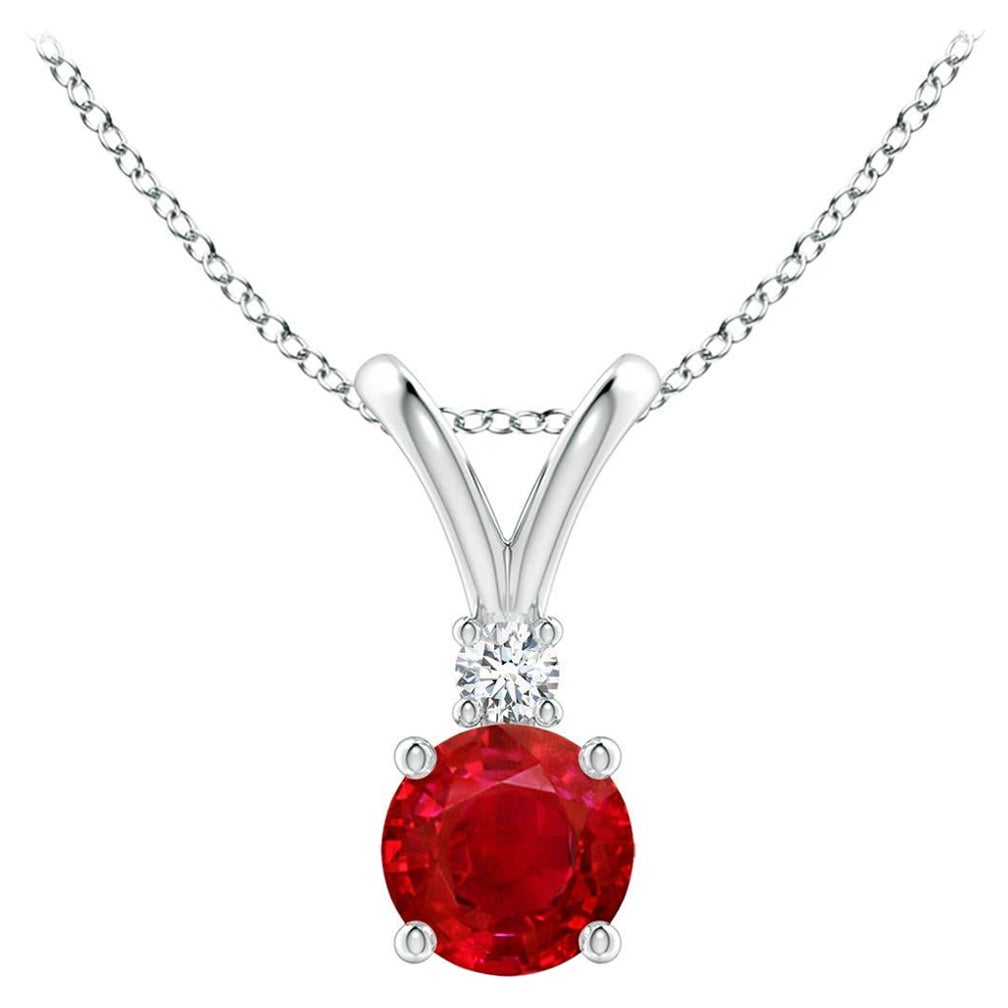 ANGARA Natural Round 0.60ct Ruby Solitaire Pendant with Diamond in 14KWhite Gold For Sale