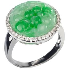 Green and White Jadeite and Diamond 18 Karat Gold Ring