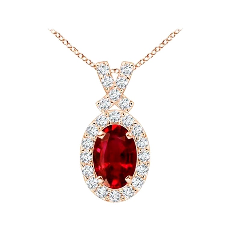 ANGARA Pendentif en or rose 14 carats avec rubis naturel de 0,60 carat et halo de diamants en vente
