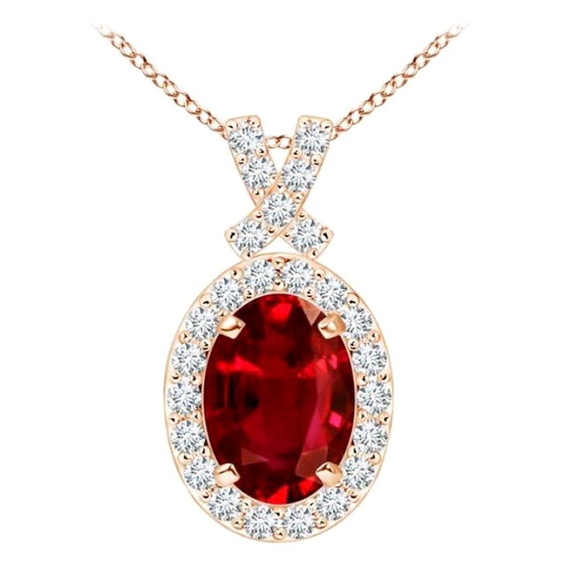 ANGARA Natural Vintage Style 1ct Ruby Pendant with Diamond Halo in 14K Rose Gold For Sale