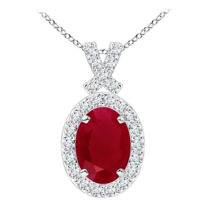 ANGARA Pendentif vintage naturel en platine avec halo de diamants et rubis de 1 carat en vente