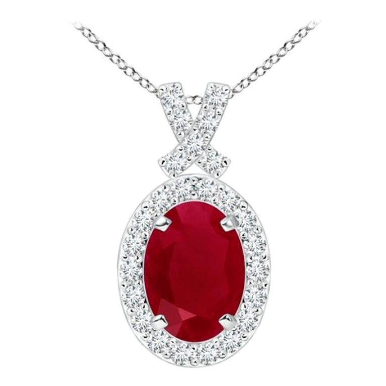 ANGARA Natural Vintage Style 1ct Ruby Pendant with Diamond Halo in 14K WhiteGold For Sale