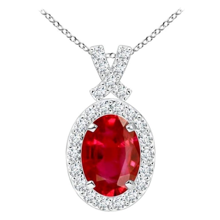 ANGARA Natural Vintage Style 1ct Ruby Pendant with Diamond Halo in 14K WhiteGold For Sale