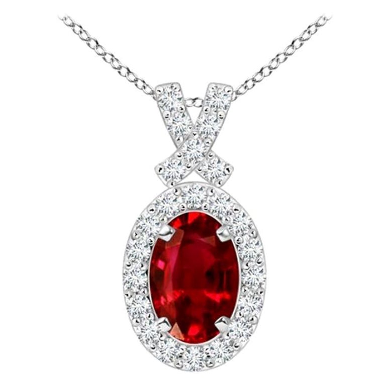 ANGARA Natural 0.60ct Ruby Pendant with Diamond Halo in 14K White Gold For Sale