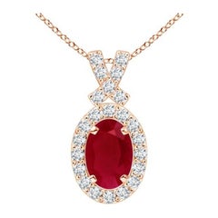 ANGARA Colgante de rubí natural de 0,60 ct con halo de diamantes en oro rosa de 14 quilates