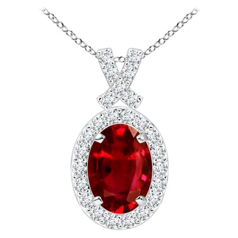 ANGARA Natural 1ct Ruby Pendant with Diamond Halo in 14K White Gold For Sale